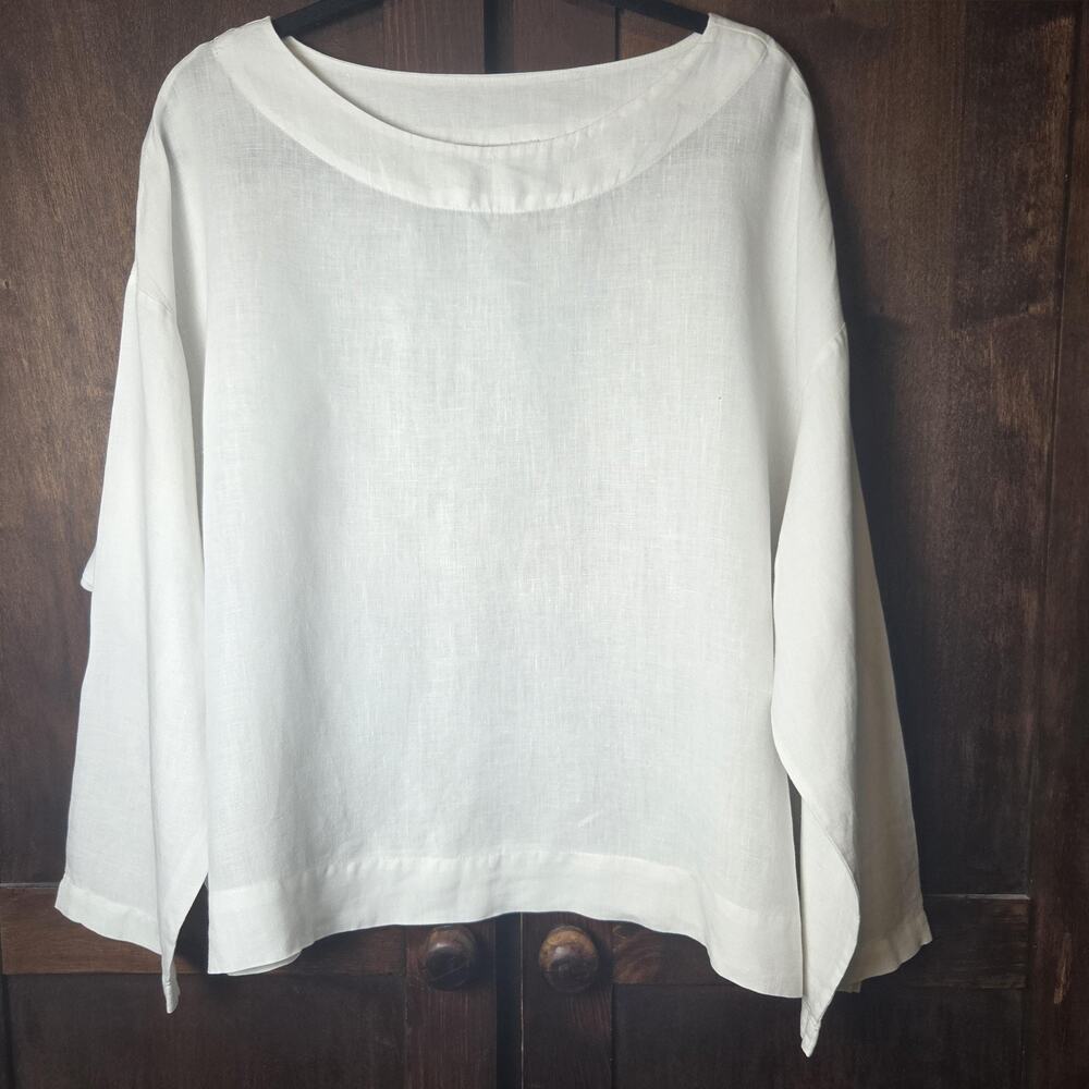 Bryn Walker Tunic Shirt Large White Linen Boat Neck USA Boxy Lagenlook Boho